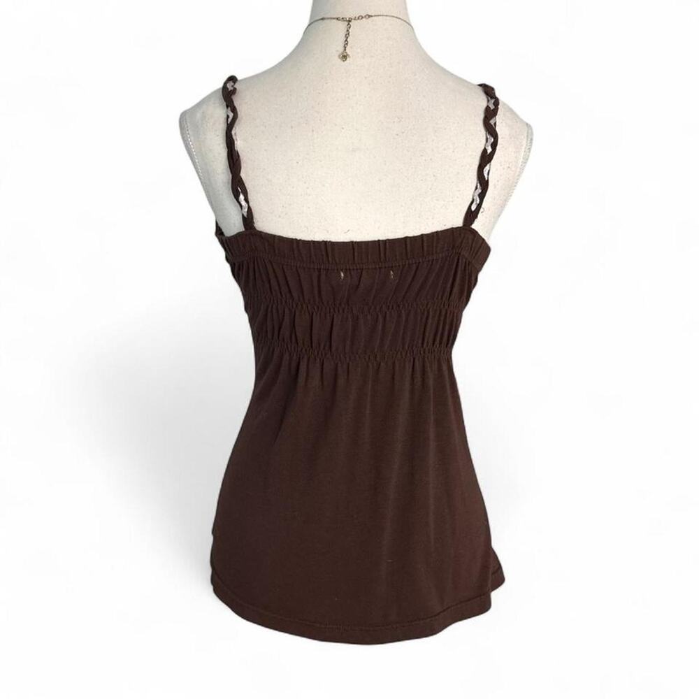 Brown babydoll top with white beaded details and adjustable straps Size M 2000s - Picture 2 of 8